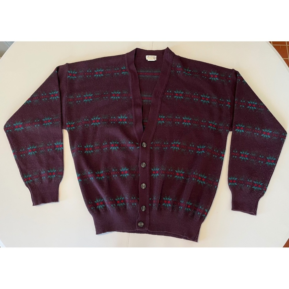 Maglificio Florence Italy Knit Cardigan Geometric‎ Button Front Wool M Burgundy